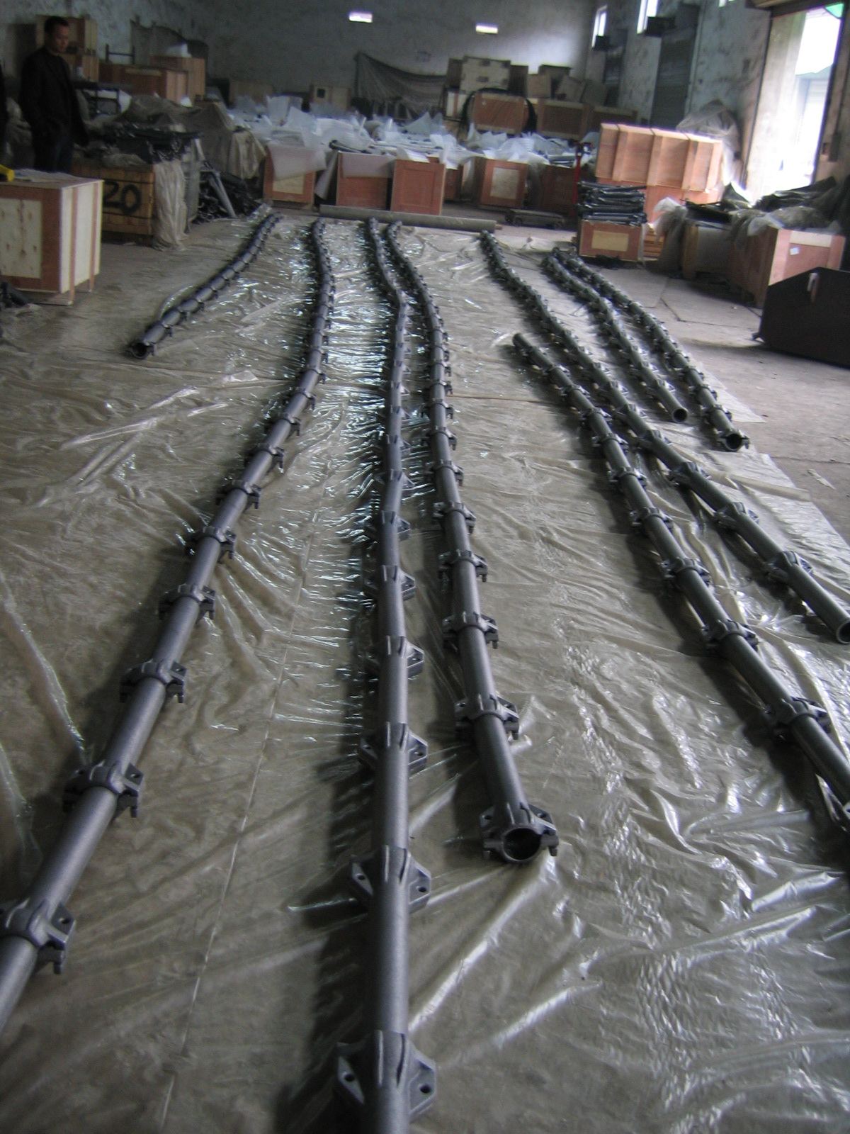 Lines of articulated pipe assembled in the yard